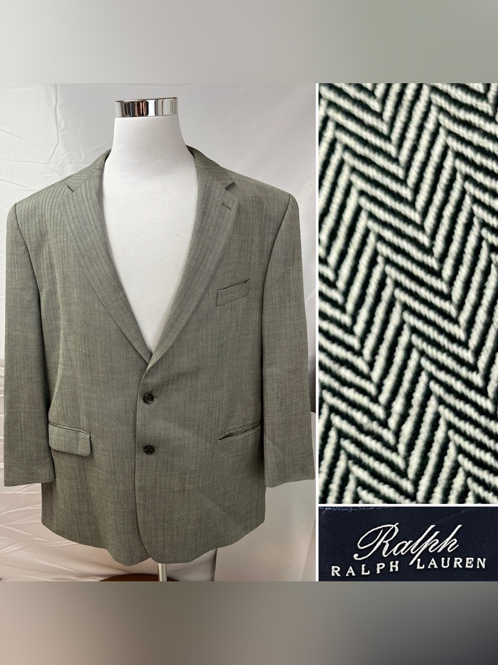 Ralph Lauren Men’s 54R Herringbone Black/Beige Wool Blazer Jacket Sport Coat